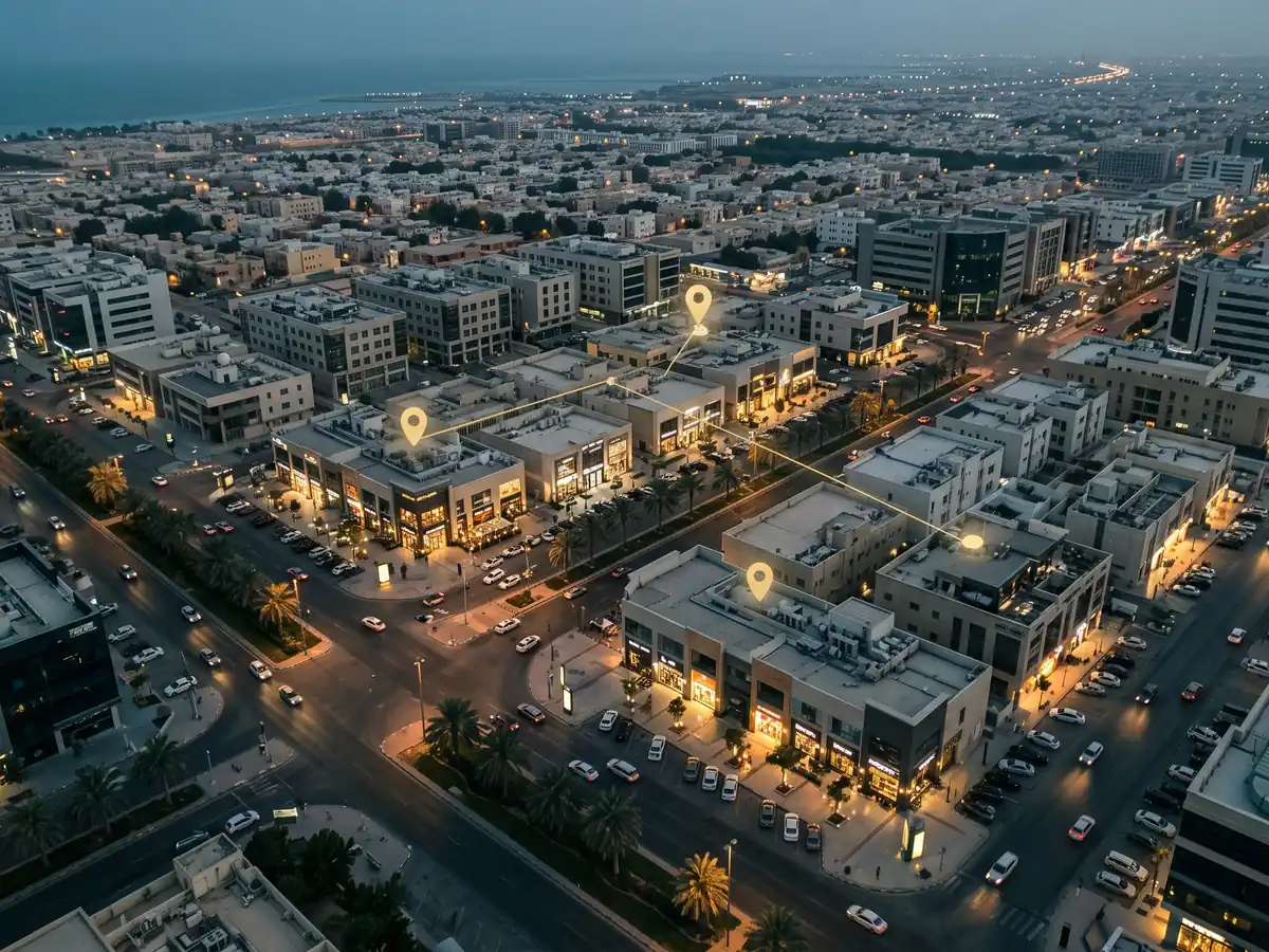 منظر جوي مسائي لحي تجاري في مدينة سعودية مع علامات مواقع ذهبية فوق عدد من المحلات